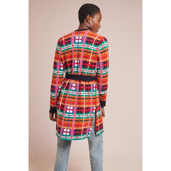 Moth Anthropologie Williston Plaid Long Cardigan Sweater Belted Womens Small - Picture 3 of 13